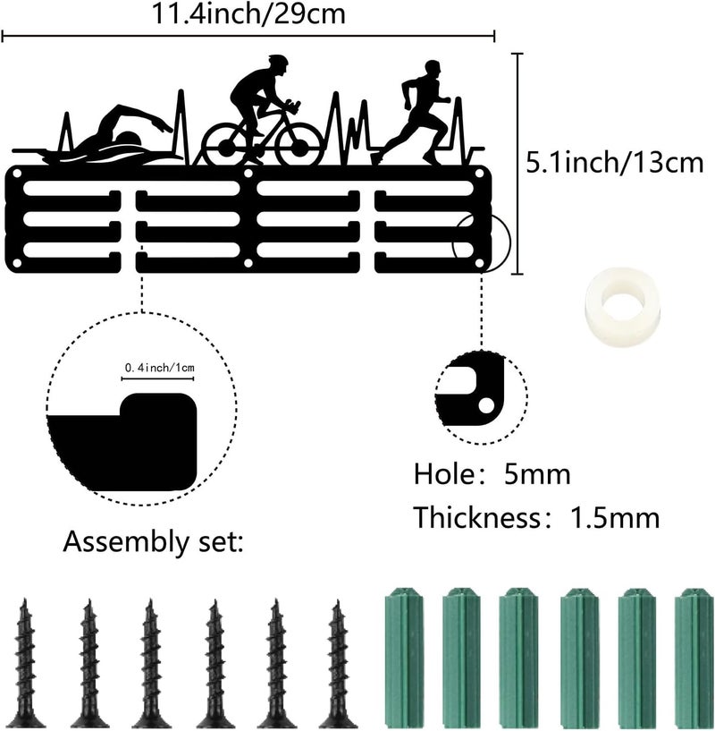 CREATCABIN Triathlon Medal Holder Display Swim Bike Run Medal Hangers Rack Sports Metal Hanging Awards Iron Small Decor Awards for Swimming Running Men Wall Home Badge Medalist Black 11.4 x 5.1 Inch - Image 2